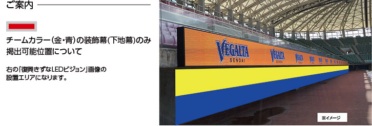 チームカラー（金・青）の装飾幕（下地幕）のみ掲出可能位置について　復興きずなLEDビジョンの下側になります